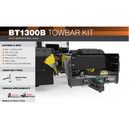 Tow bar to suit 127mm Bartlett Ball 15,000kg includes Bolt Kit BT1300B-15T